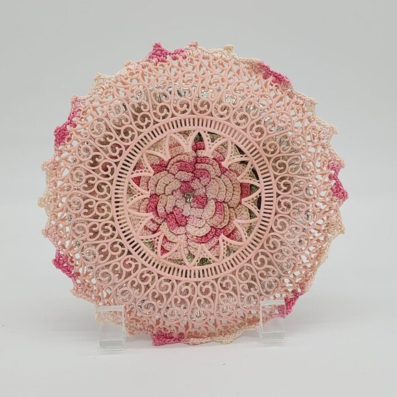 Handmade Kitschy Wall Hanging Crochet Flower Aluminum Bowl Pink Plastic Doily VT - Picture 3 of 8